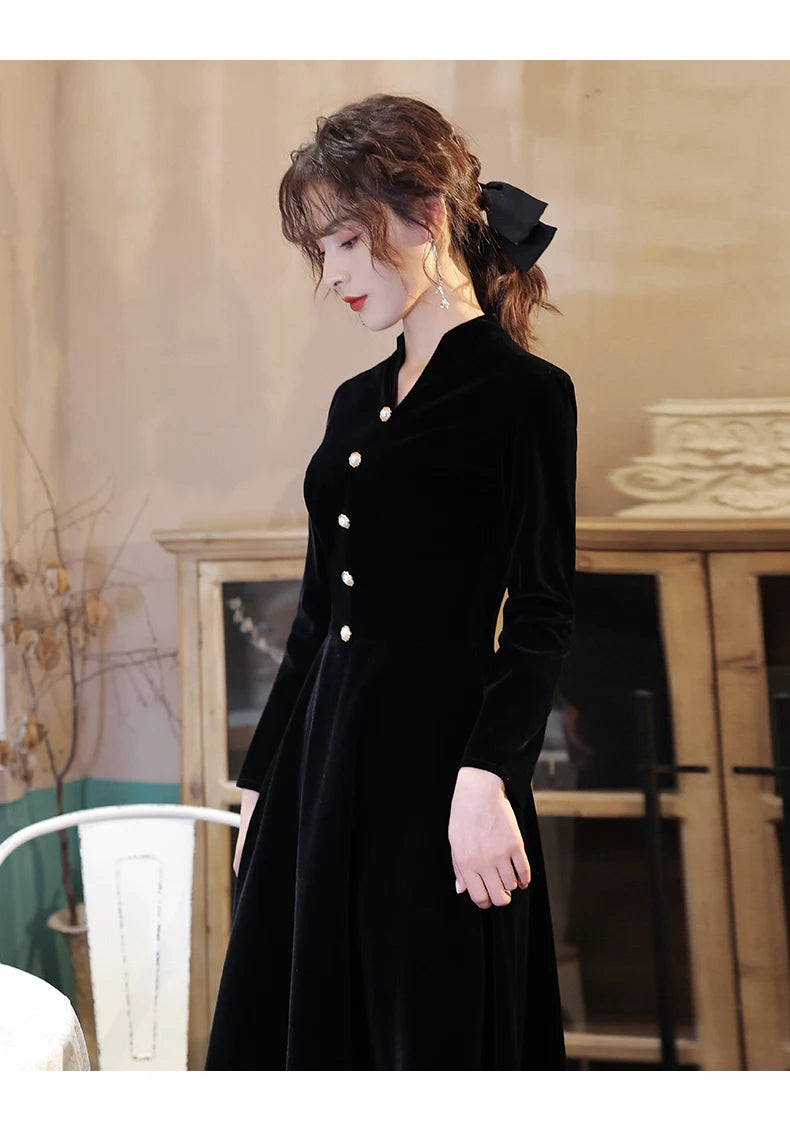 Customized Plue Size Black Velour Muslim Evening Gown V-Neck A-Line Floor Length Dress Long Sleeve Zipper Black Evening Dress