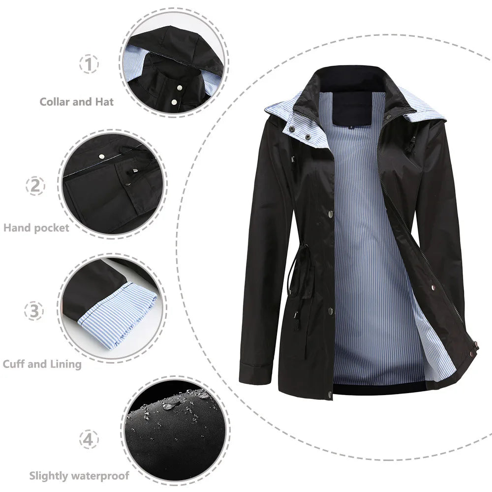 Autumn Winter Women Hooded Windbreaker Hiking Jacket Outdoor Camping Jackets Long Sleeve Zipper Waterproof Coat Outwear S-3XL