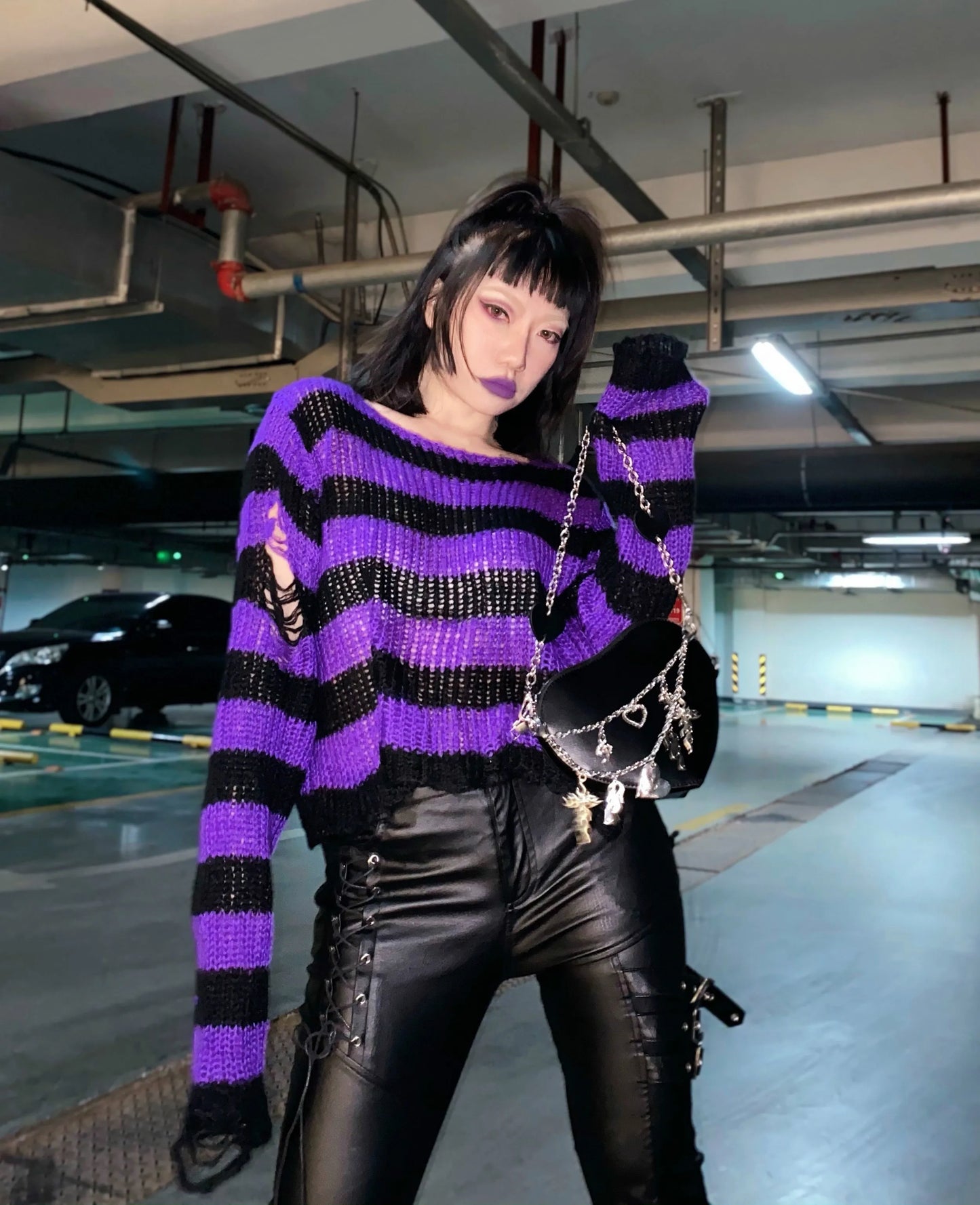 Karrram Punk Gothic Sweater Emo Tops E-girls Mall Goth Pullovers Y2k Harajuku Grunge Clothes Alt Dark Aesthetic Striped Jumpers