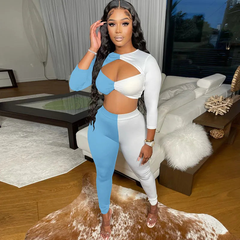 Color Block Patchwork Two Piece Set Women Cut Out Crop Top and Pants Leggings Club Outfits for Women Matching Sets Tracksuit