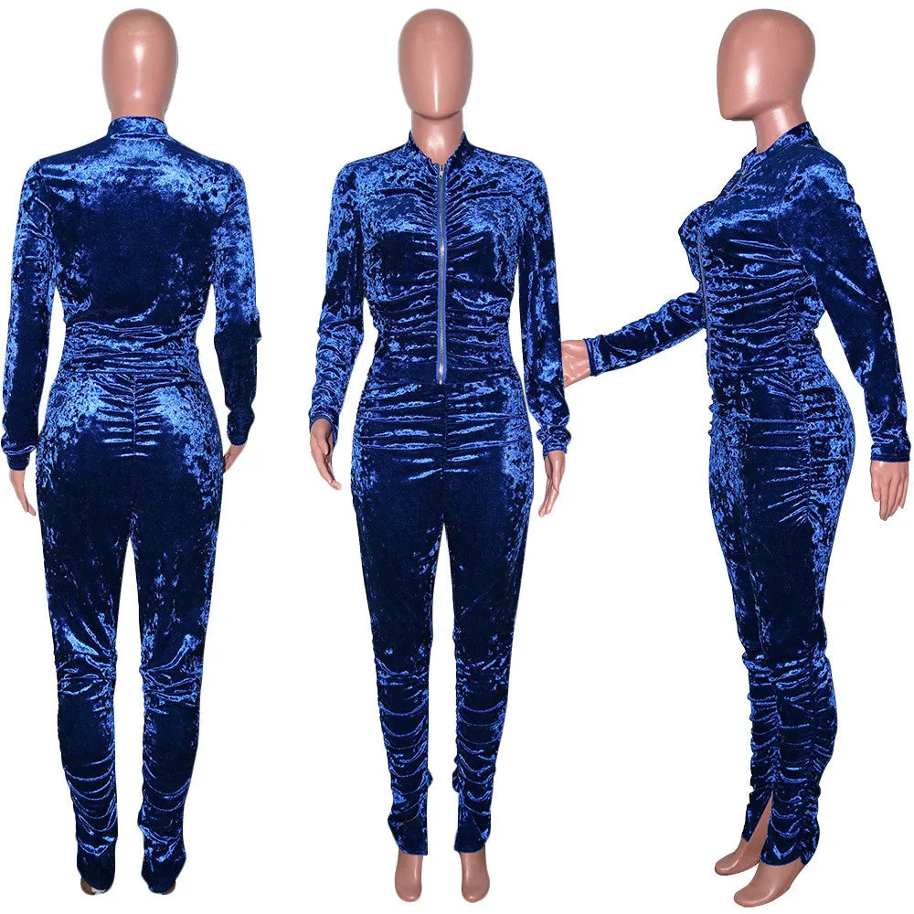Autumn Winter Velvet Tracksuit Women Clothing Sets Ruched Casual Two Piece Set Top and Pants Sweat Suits Velour 2 Piece Outfits