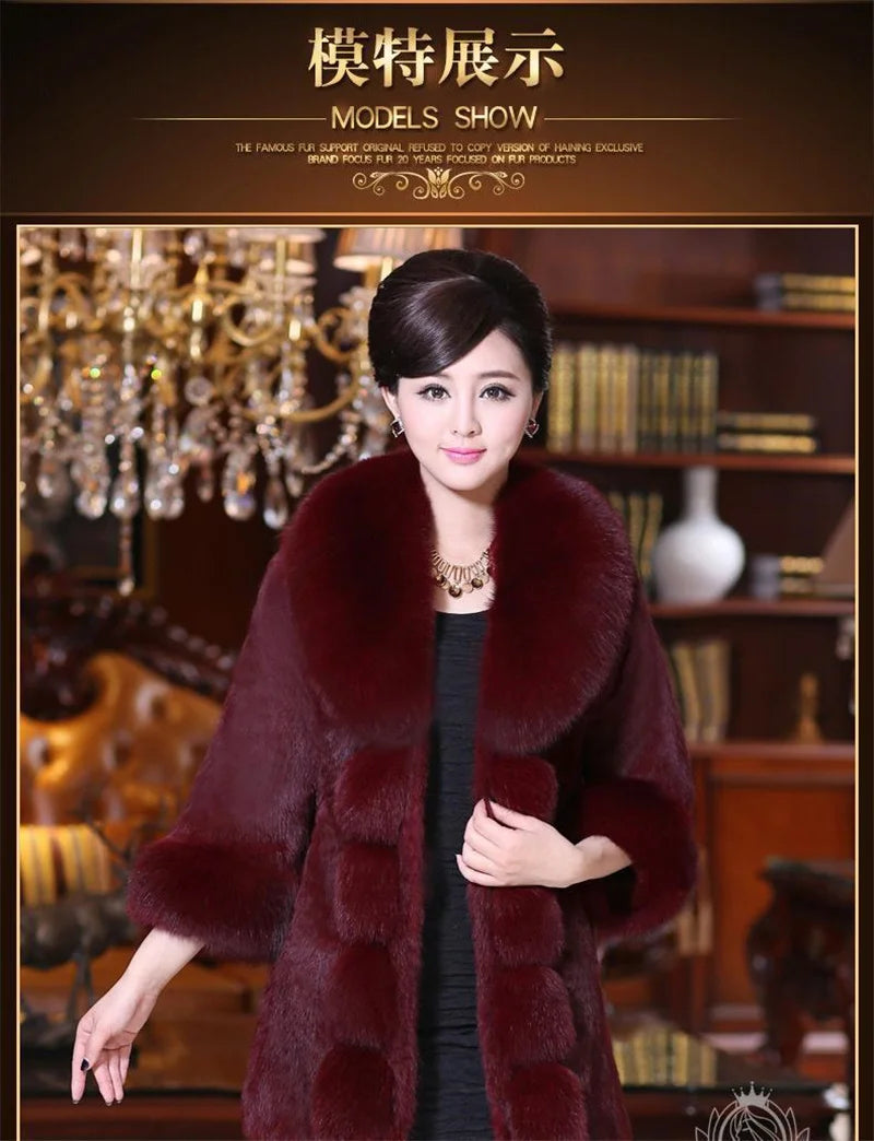 Vintage 2024 New Autumn Winter Female Mid-Long Fleece Overcoat Faux Fur Fox Fur Collar Mink Fur Coat Thicken Elegant 408