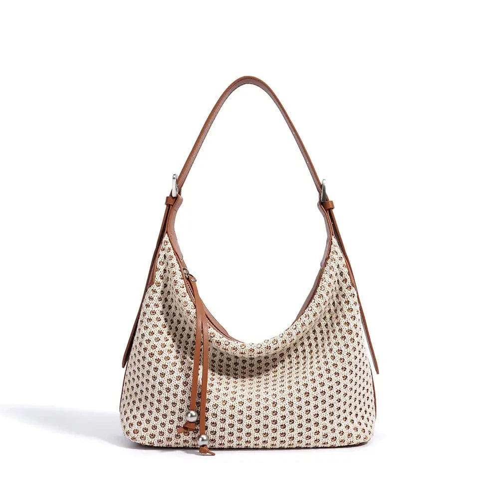 Casual Style Straw Woven with Cowhide Leather Shoulder Bags High Quality Beach Bags Straw Genuine Leather Handbags for Women