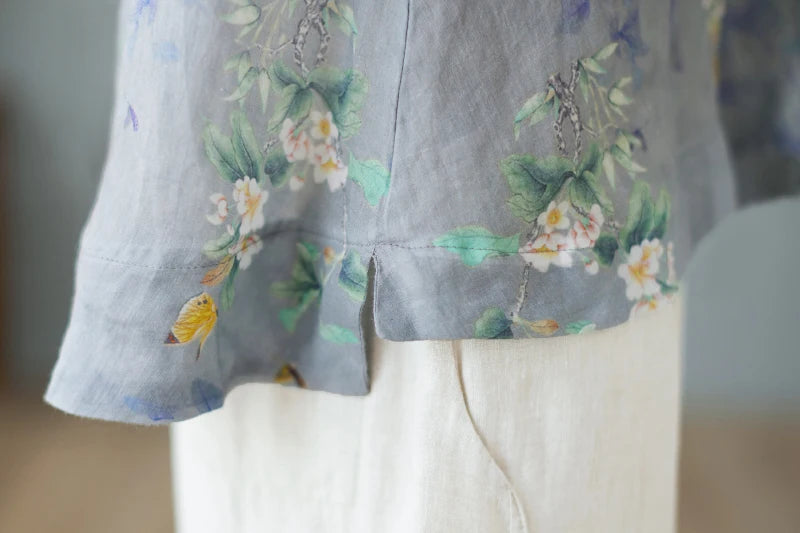 Relaxed Fit Floral Print Cotton Linen Short Sleeve Shirt for Women