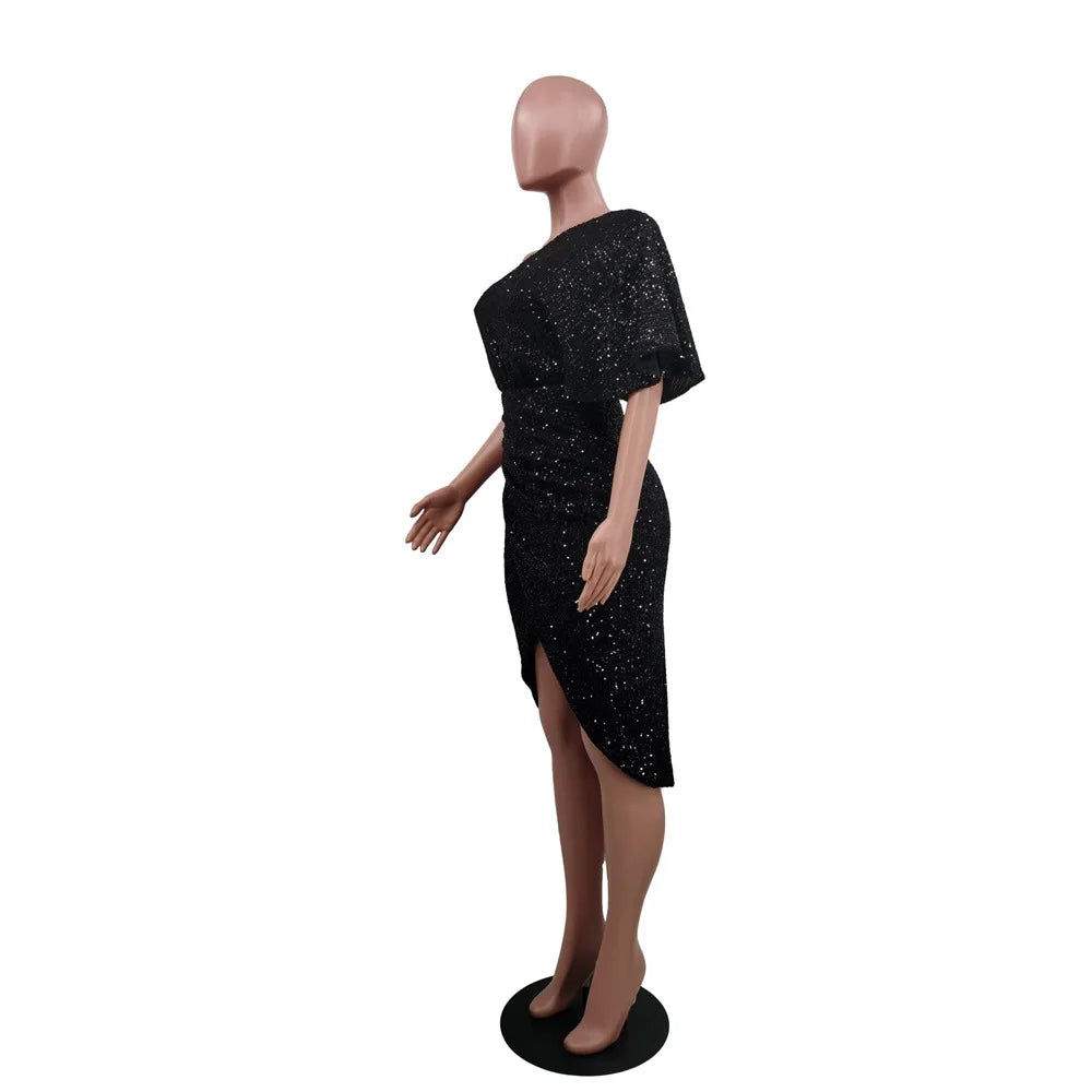 CM.YAYA Women Sequined Batwing Sleeve One Shoulder Skew Neck Draped Bodycon Midi Dress Sexy Night Party Pencil Dresses