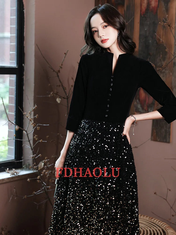 2025 Evening Dresses Elegant Black Sequins Evening Dress Long Plus Size Formal Gowns Shining robe de soiree Customized