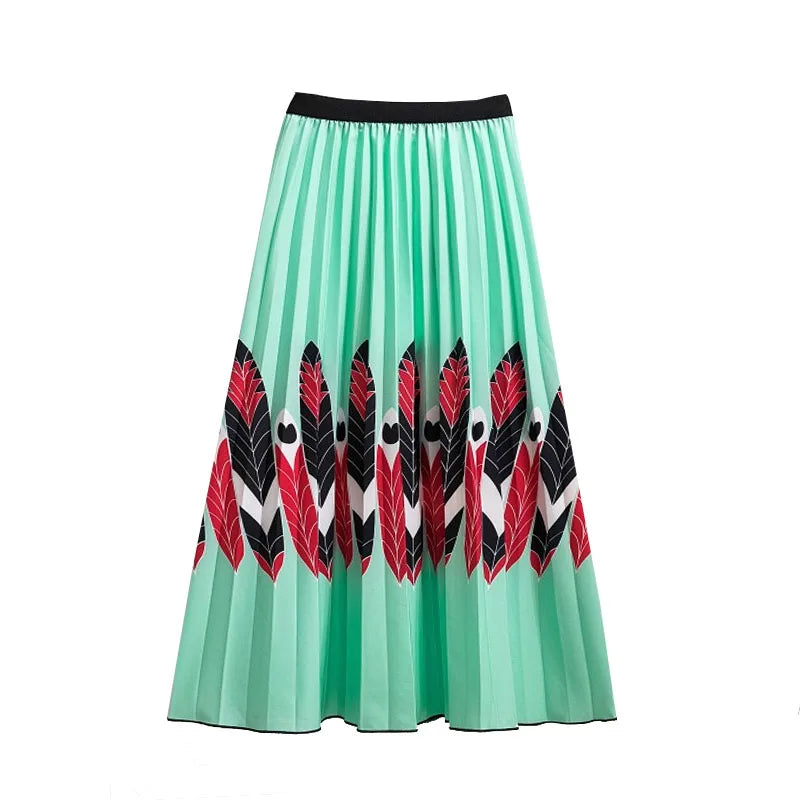 Casual Floral Midi Pleated Skirt For Women Fashion Printed Flower A Line Elastic High Waist Mid-length Skirt Female Ladies falda