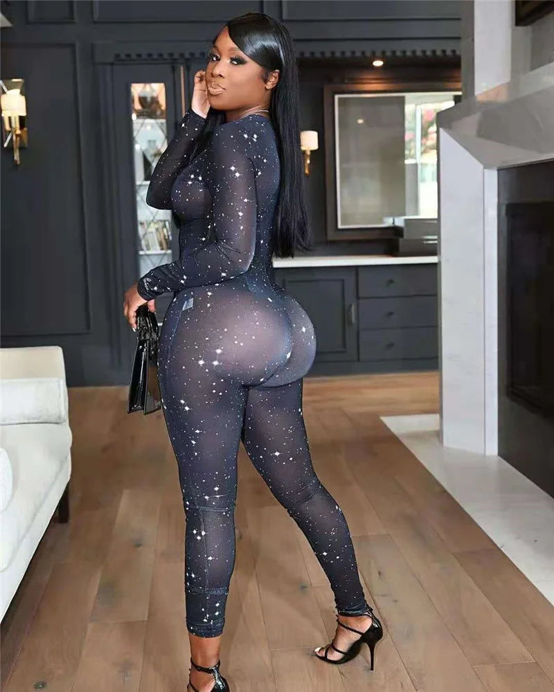 Galaxy Print Mesh Sheer Jumpsuit Women Overalls Front Zipper V-neck Bodycon Rompers Sexy Midnight Clubwear One Piece Outfits