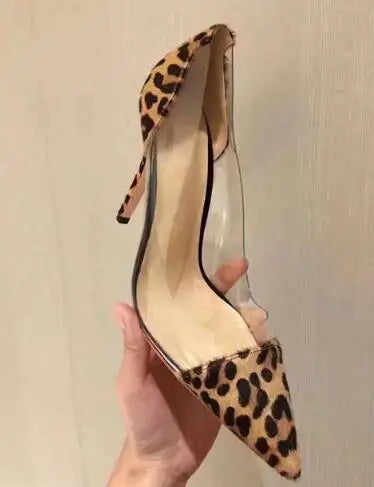 Leopard Print Pointed Toe Thin Heel Transparent Office Pumps For Women