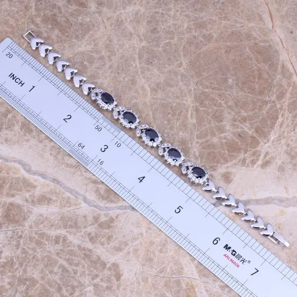 Black Cubic Zirconia Silver Plated Link Chain Bracelet for Women