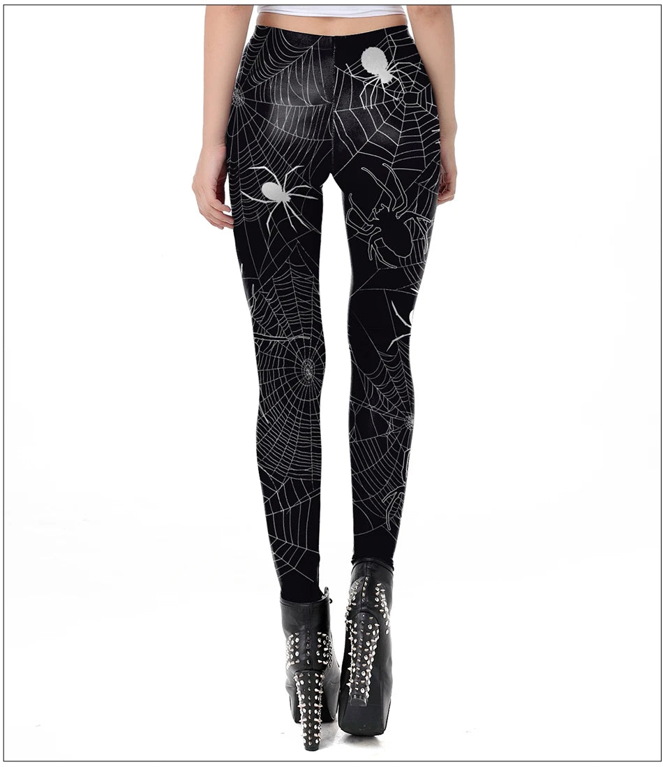 FCCEXIO Halloween Women Leggings Soft Elastic Workout Push Up Pants Spider Web Print Fitness Leggings 3D Trousers Punk Pants