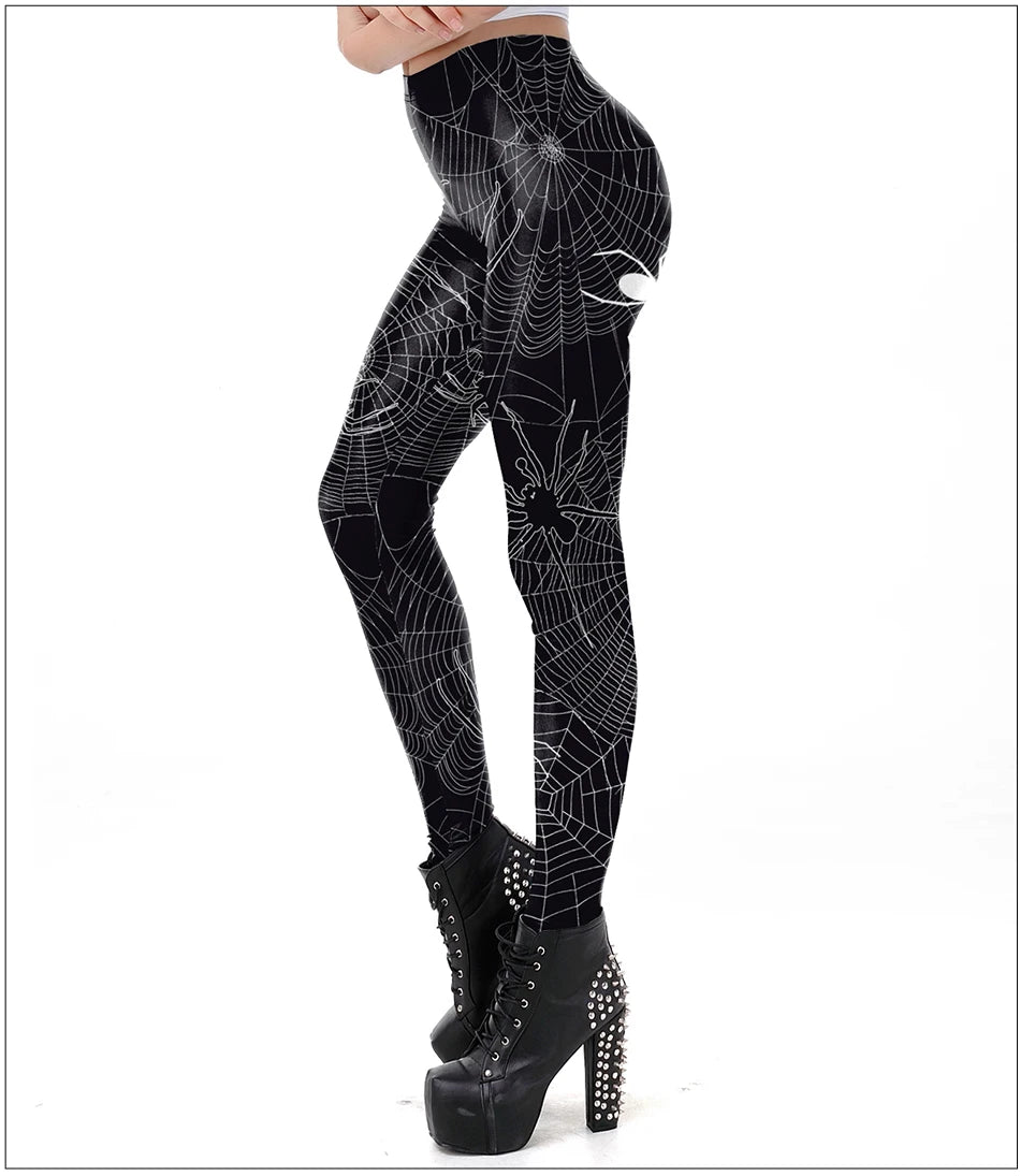 FCCEXIO Halloween Women Leggings Soft Elastic Workout Push Up Pants Spider Web Print Fitness Leggings 3D Trousers Punk Pants