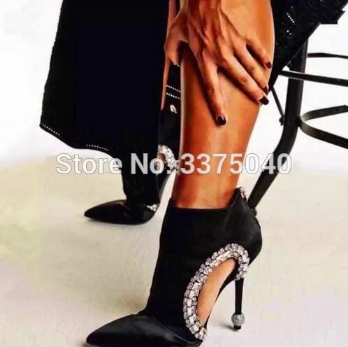 New Black Pointed Toe Women Ankle Boots Hollow Out Rhinestone Summer Boots High Heels Crystal Pointed Toe Black Women Boots