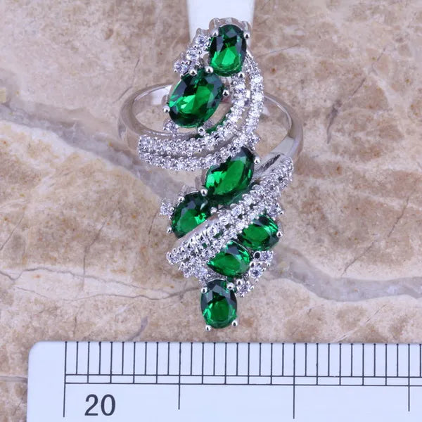 Green And White Cubic Zirconia Silver Plated Ring for Women