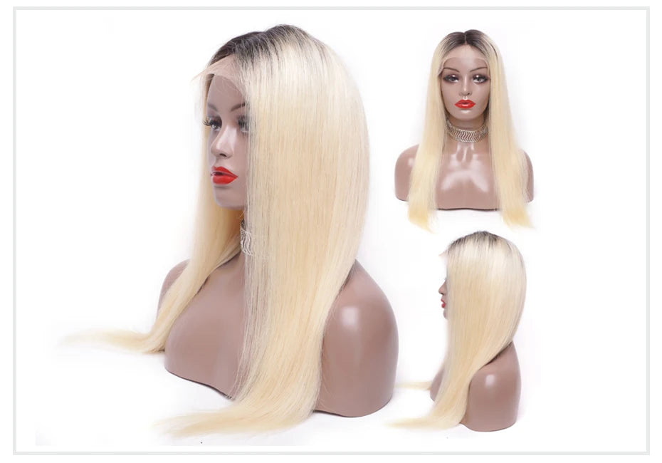 13x6 Lace Frontal Wig Brazilian Straight Full Lace Human Hair Wig 2 Tone Dark Root 1B 613 Ombre Blonde Lace Front Wigs for Women