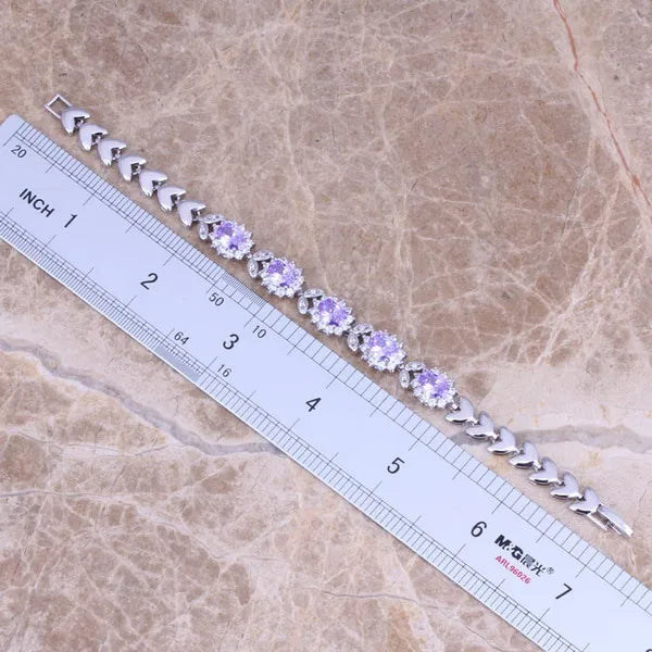 Purple Cubic Zirconia Silver Plated Link Chain Bracelet for Women