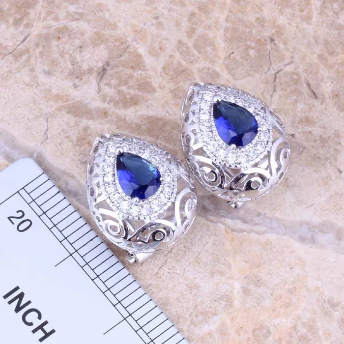 Blue Cubic Zirconia Silver Plated Necklace and Earrings Set for Women