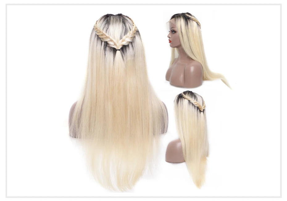 13x6 Lace Frontal Wig Brazilian Straight Full Lace Human Hair Wig 2 Tone Dark Root 1B 613 Ombre Blonde Lace Front Wigs for Women