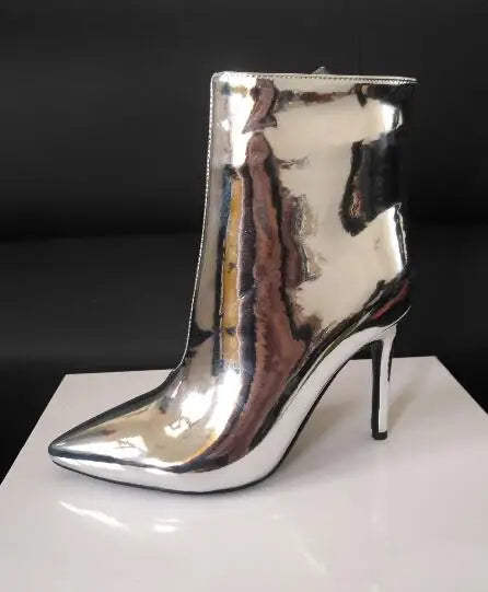 Fashion Woman Glitter Silver Gold Mirror Leather Pointed Toe High Heel Short Ankle Boots with Black Sole And Zipper Custom Make