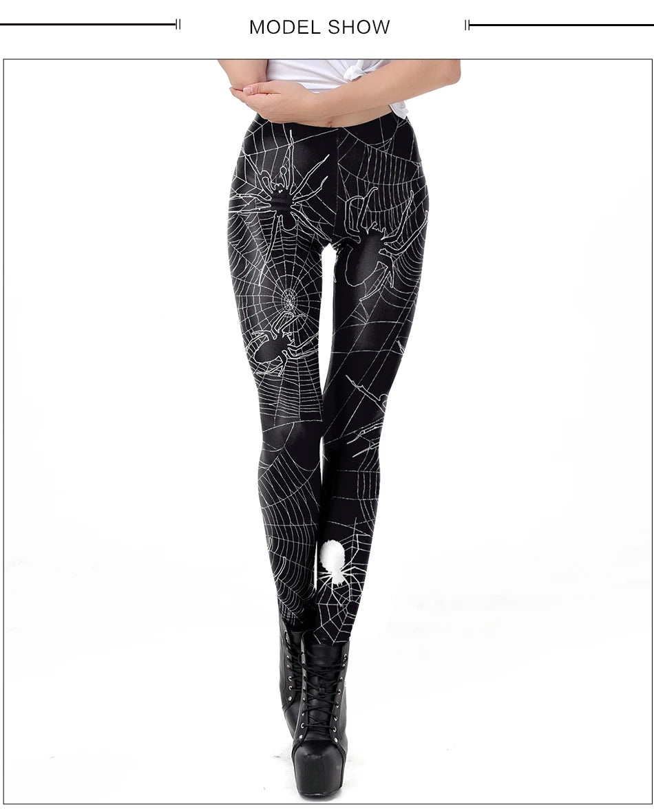 FCCEXIO Halloween Women Leggings Soft Elastic Workout Push Up Pants Spider Web Print Fitness Leggings 3D Trousers Punk Pants