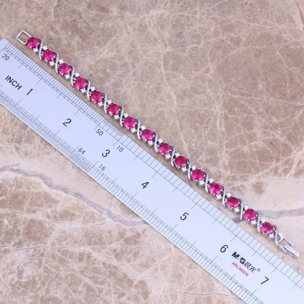Red Cubic Zirconia Silver Plated Link Chain Bracelet for Women
