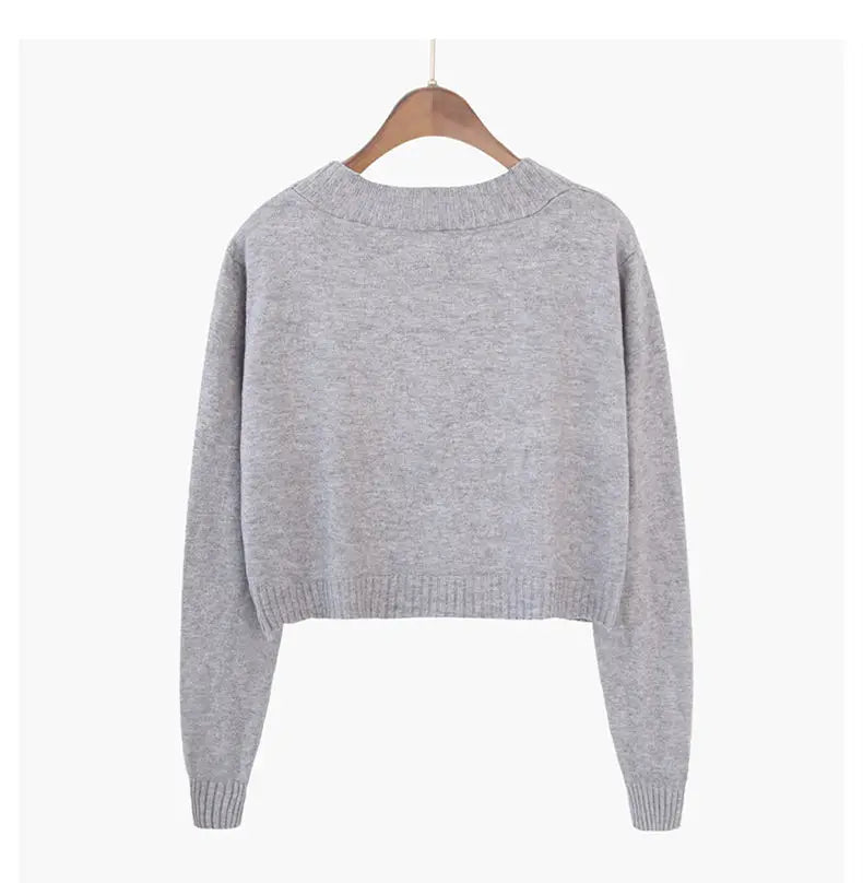 Knitted Cropped Cardigan Women Korean Short Sweater Long sleeve Crop Top V neck Fashion Y2k Clothes Green Blue