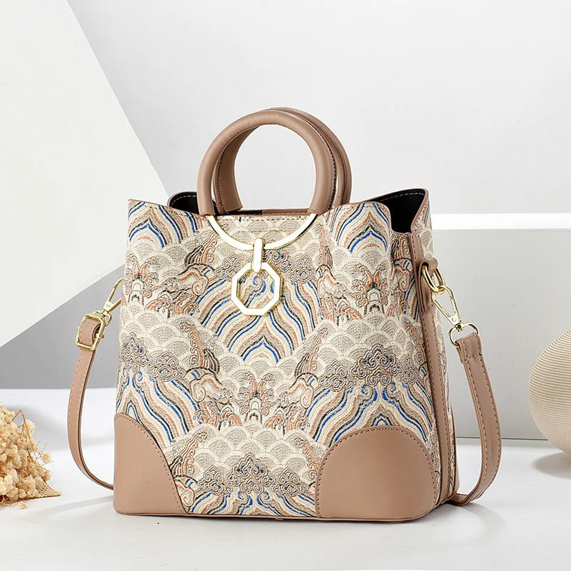 2024 Women's Large Capacity Printed Bucket Bag New Chinese Style Crossbody Tote Atmospheric Handbag Delivery Included Polyester