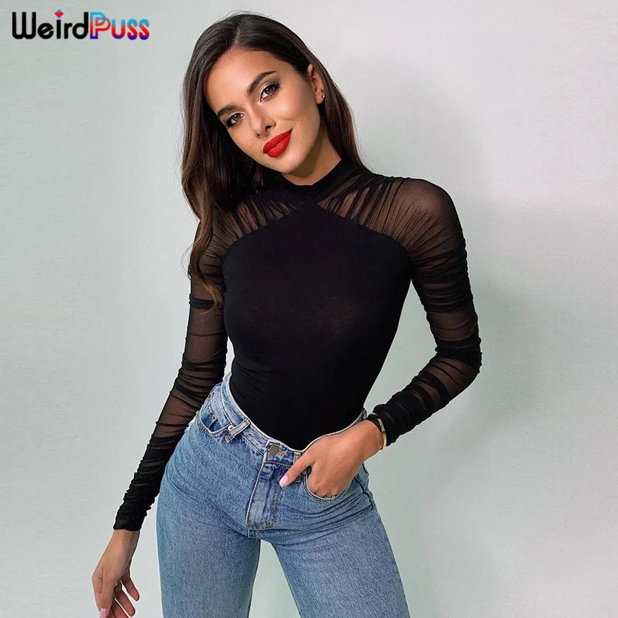 Weird Puss 2023 Mesh Patchwork Bodysuit Sexy Women Sleeve Ruched Skinny Turtleneck Bodycon Elegant Wild Tops Streetwear Outfits