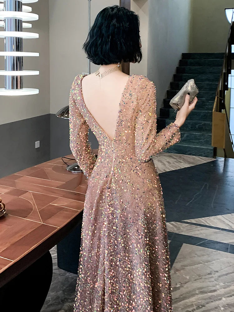 Sequined Long Sleeves Evening Dress O Neck Glitter Prom Dresses Plus Size Elegant Floor Length Vestido de noiva Customized