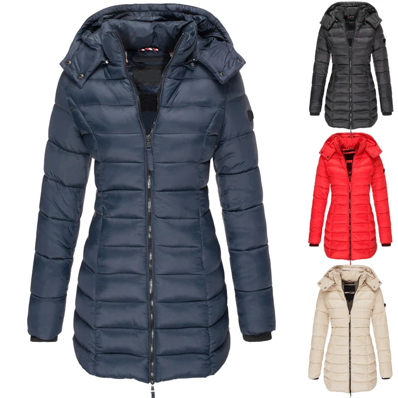 Winter Jackets for Women Zipper Hooded Cotton Padded Jackets Long Sleeve Warm Coat Slim Parka Female Portable Outwear