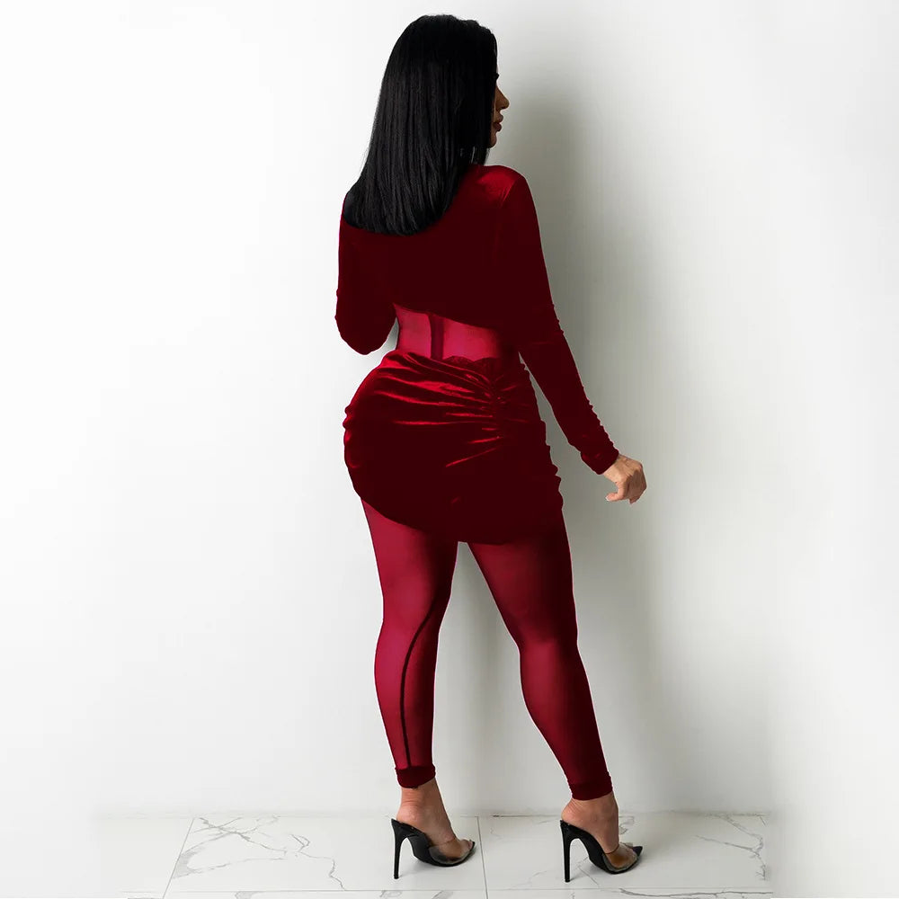 CM.YAYA Autumn Winter Women Long Sleeve Velvet Mesh Patchwork Jumpsuit Vintage Sexy Night Party Club One Piece Romper Playsuit