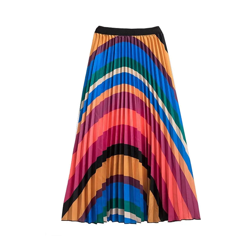 Casual Floral Midi Pleated Skirt For Women Fashion Printed Flower A Line Elastic High Waist Mid-length Skirt Female Ladies falda