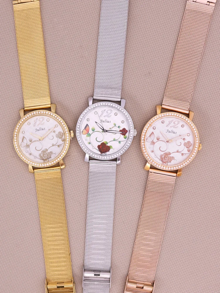 Rose Flower Japan Quartz Lady Women's Watch Elegant Lattice Fashion Hour Bracelet Elastic Watch Band Girl's Gift Julius No Box