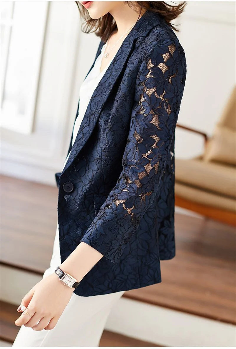Size 6XL Lace Suit Jacket Female 2021 Autumn And Summer Temperament Sunscreen Hollow Blue Ladies Blazer Women Tops Elegant