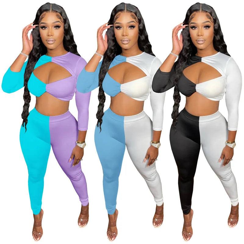 Color Block Patchwork Two Piece Set Women Cut Out Crop Top and Pants Leggings Club Outfits for Women Matching Sets Tracksuit