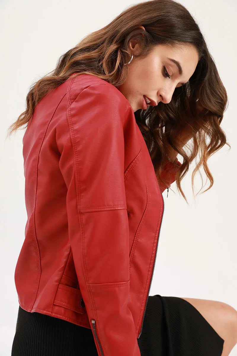 Women Leather Jacket 2025 Spring Autumn Black PU Leather Coat Stand-up Collar Motor Biker Jacket