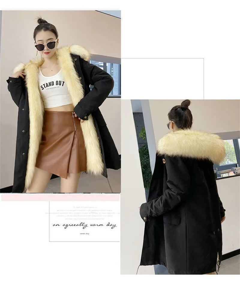 Winter Thick Warm Parkas Women Mink Detachable Inner Fur One Coat Long FauxFur Mink Cotton Jackets Female Hooded Chaquetas Mujer