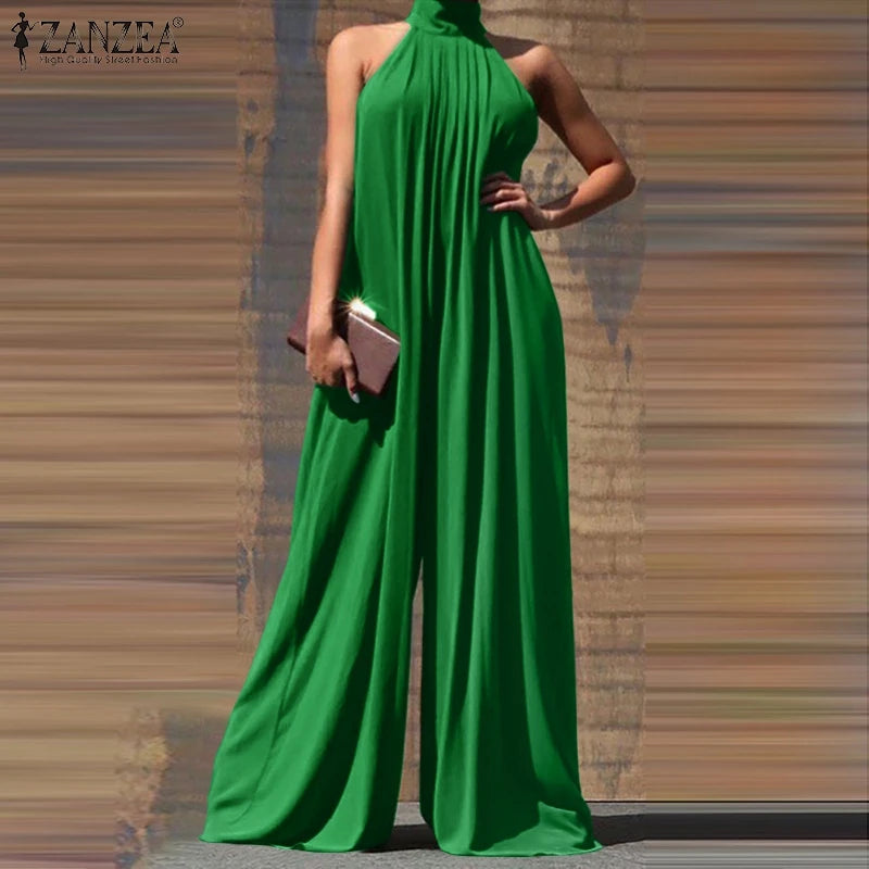 ZANZEA 2024 Summer Women Party Elegant Jumpsuits Wide Leg Rompers Solid Color Wide Leg Playsuits Holiday Chic Sleeveless Overall