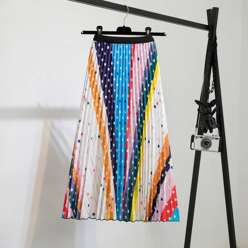 Casual Floral Midi Pleated Skirt For Women Fashion Printed Flower A Line Elastic High Waist Mid-length Skirt Female Ladies falda