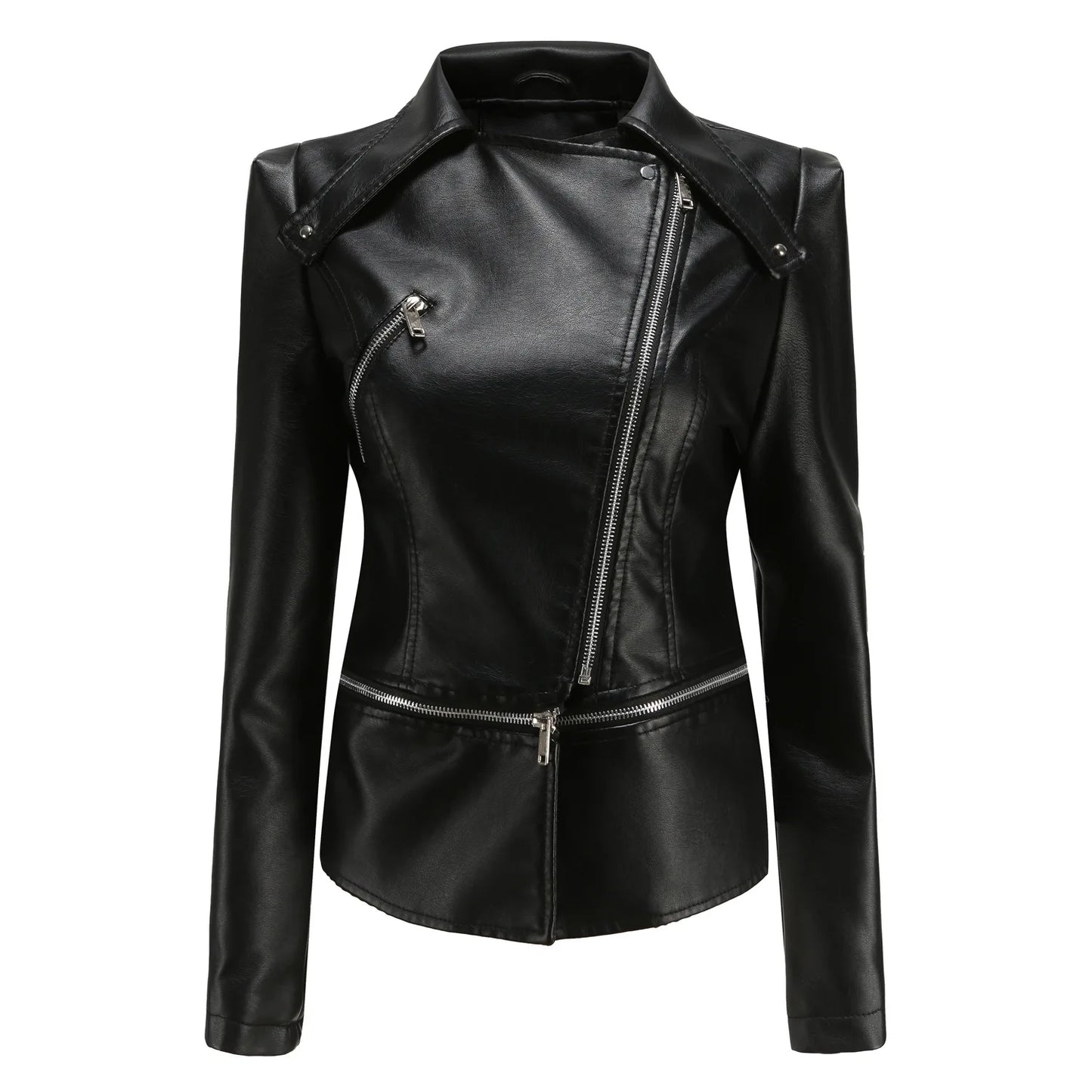 Spring Autumn Motorcycle PU Leather Jacket Women Casual Leather Coat Female Long Sleeve Turn-down Collar Solid Outwear