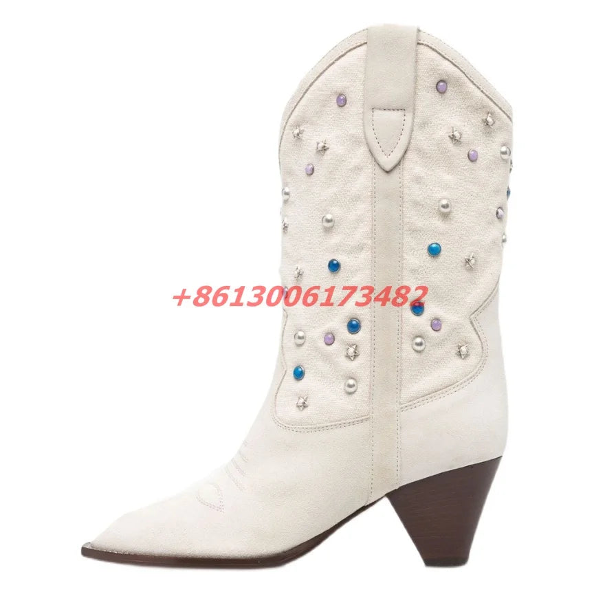 Handcrafted Crystal Beaded Punk Style Ankle Boots For Women