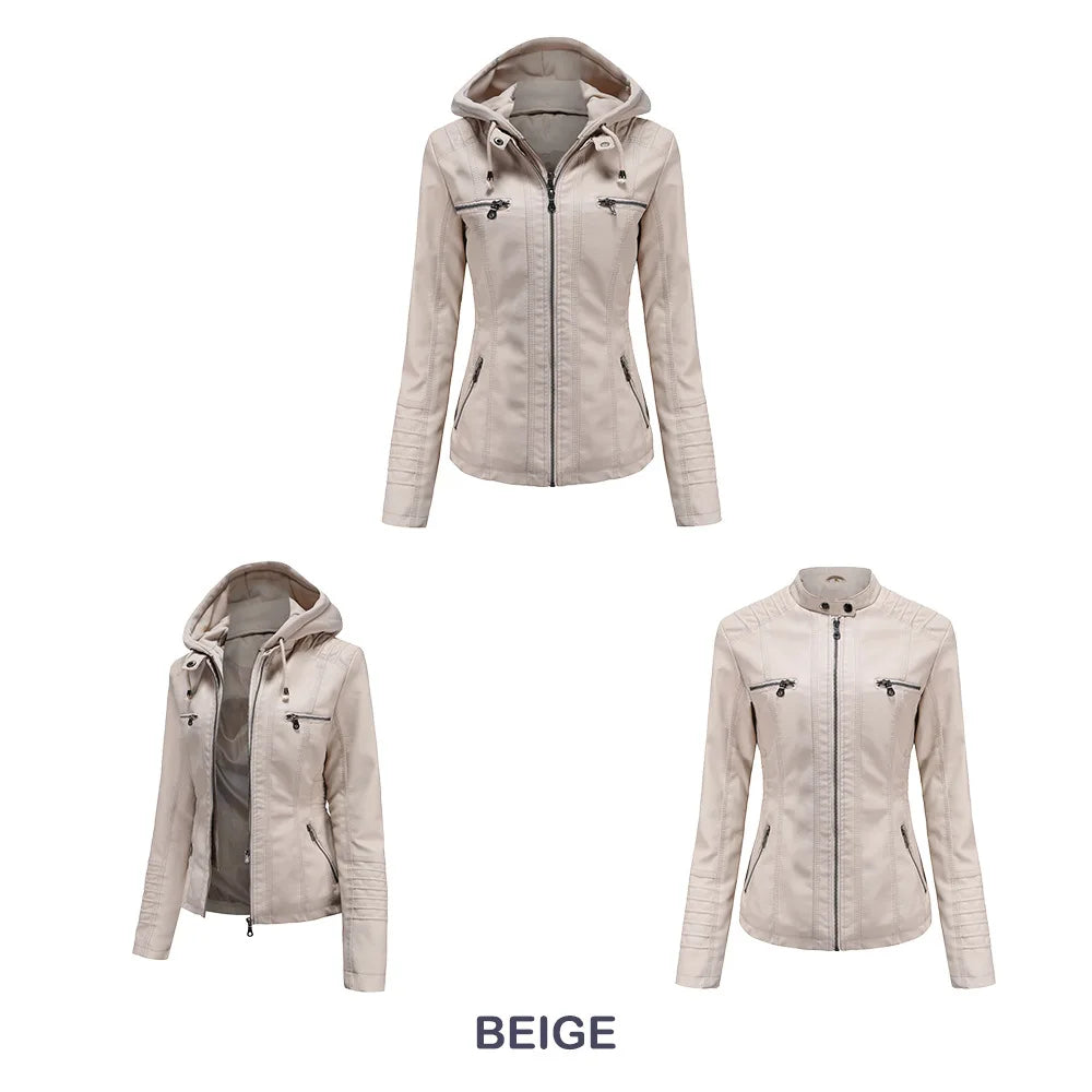 Autumn Winter Women Leather Jacket Hooded Removable PU Leather Jackets Motorcycle Long Sleeve Zipper Coat Black Outerwear XS-7XL