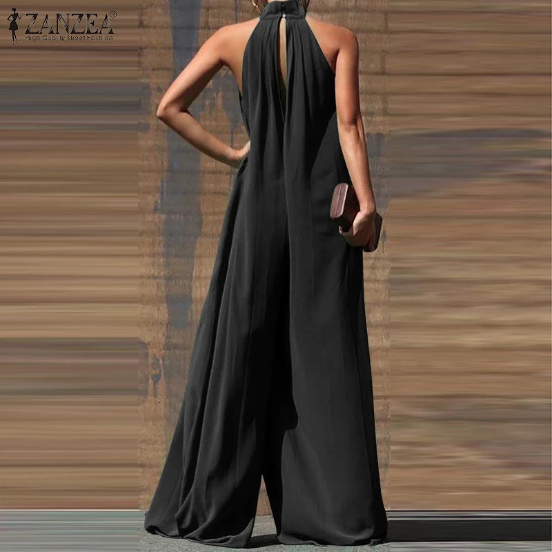 ZANZEA 2024 Summer Women Party Elegant Jumpsuits Wide Leg Rompers Solid Color Wide Leg Playsuits Holiday Chic Sleeveless Overall