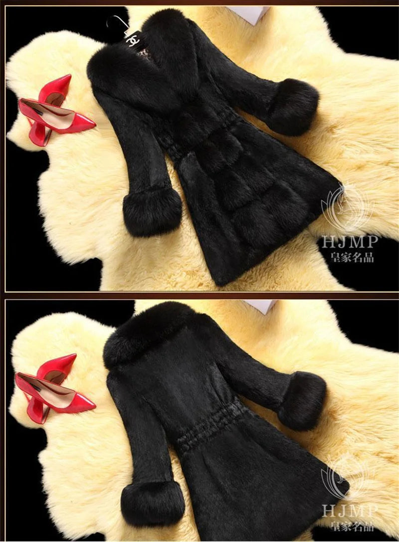 Vintage 2024 New Autumn Winter Female Mid-Long Fleece Overcoat Faux Fur Fox Fur Collar Mink Fur Coat Thicken Elegant 408