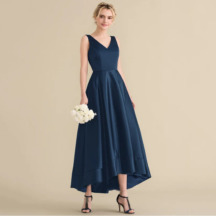 Navy Blue Prom Dresses Long Ankle Length V-Neck Zipper Back Satin Evening Gowns Formal Party Dress Vestidos De Festa Customized