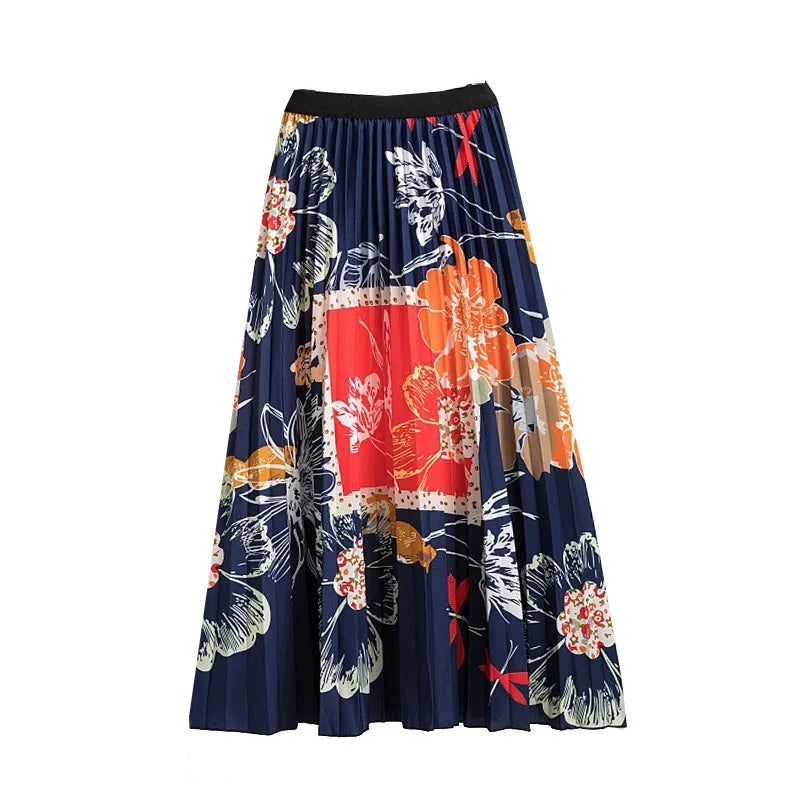 Casual Floral Midi Pleated Skirt For Women Fashion Printed Flower A Line Elastic High Waist Mid-length Skirt Female Ladies falda
