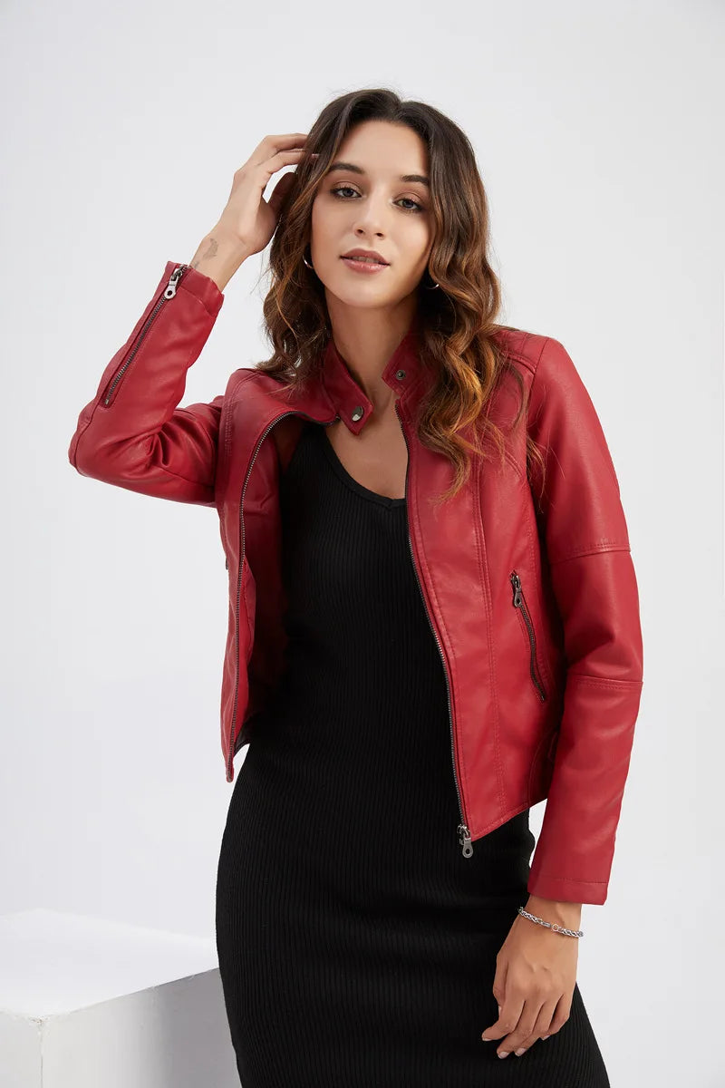 Women Leather Jacket 2025 Spring Autumn Black PU Leather Coat Stand-up Collar Motor Biker Jacket