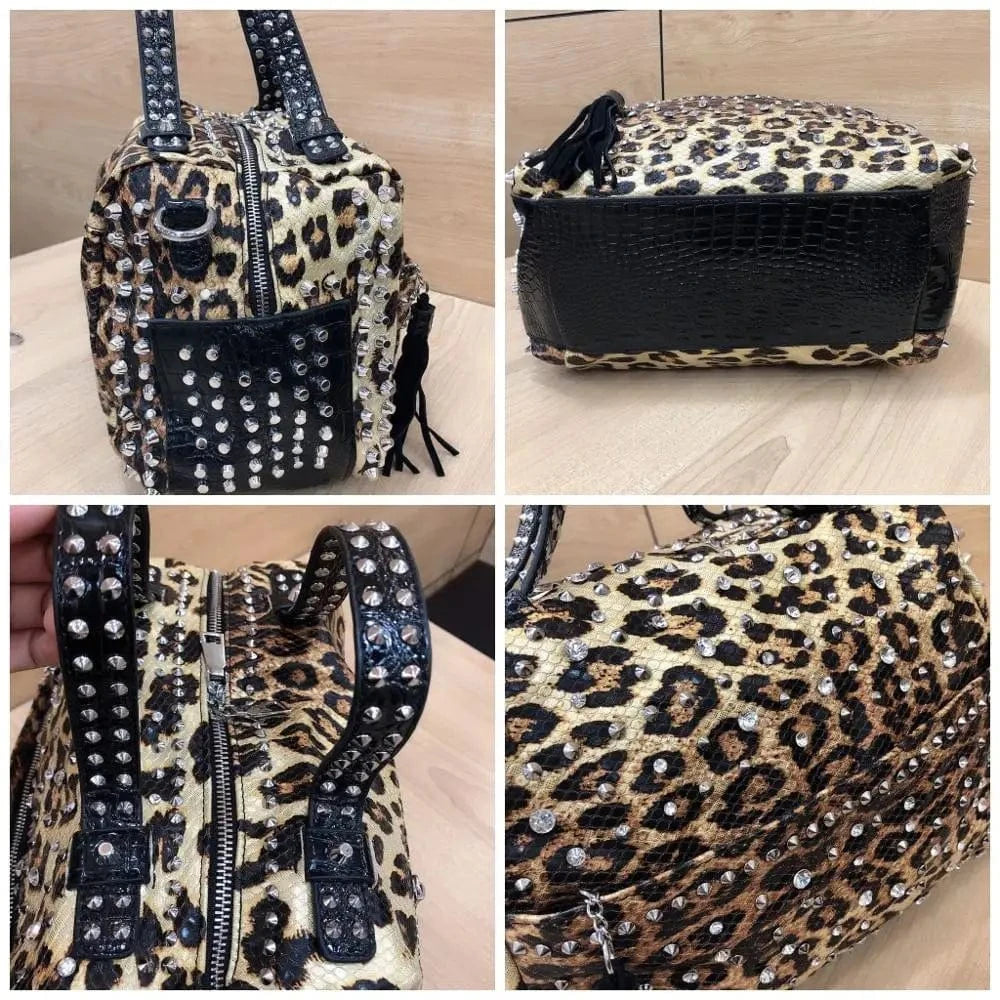 New Trend Handbags Personality Fashion Retro Leopard Rhinestone Handbag Rivet Shoulder Bag Ladies Casual Handbag Messenger Bag