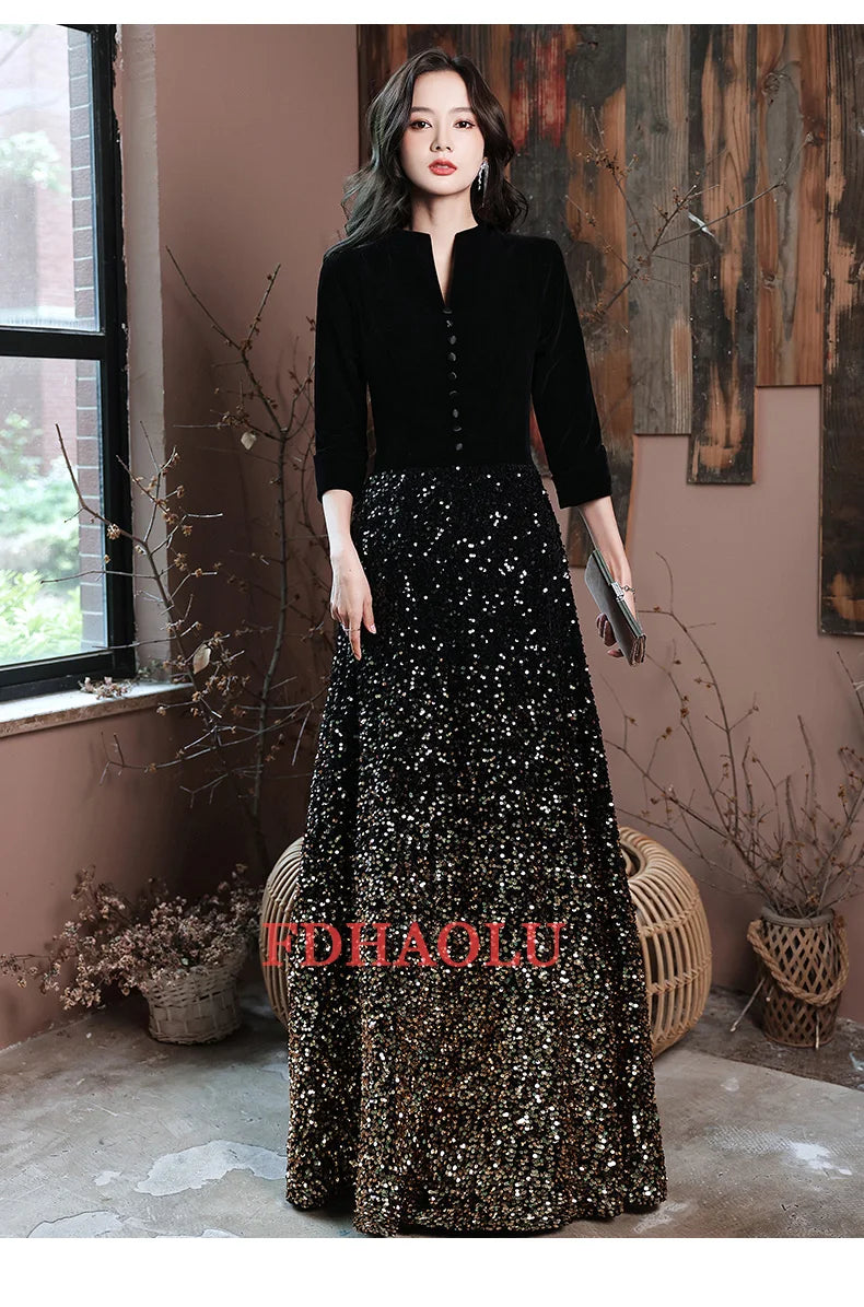 2025 Evening Dresses Elegant Black Sequins Evening Dress Long Plus Size Formal Gowns Shining robe de soiree Customized