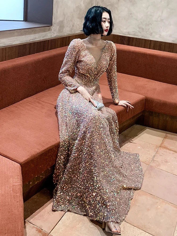 Sequined Long Sleeves Evening Dress O Neck Glitter Prom Dresses Plus Size Elegant Floor Length Vestido de noiva Customized